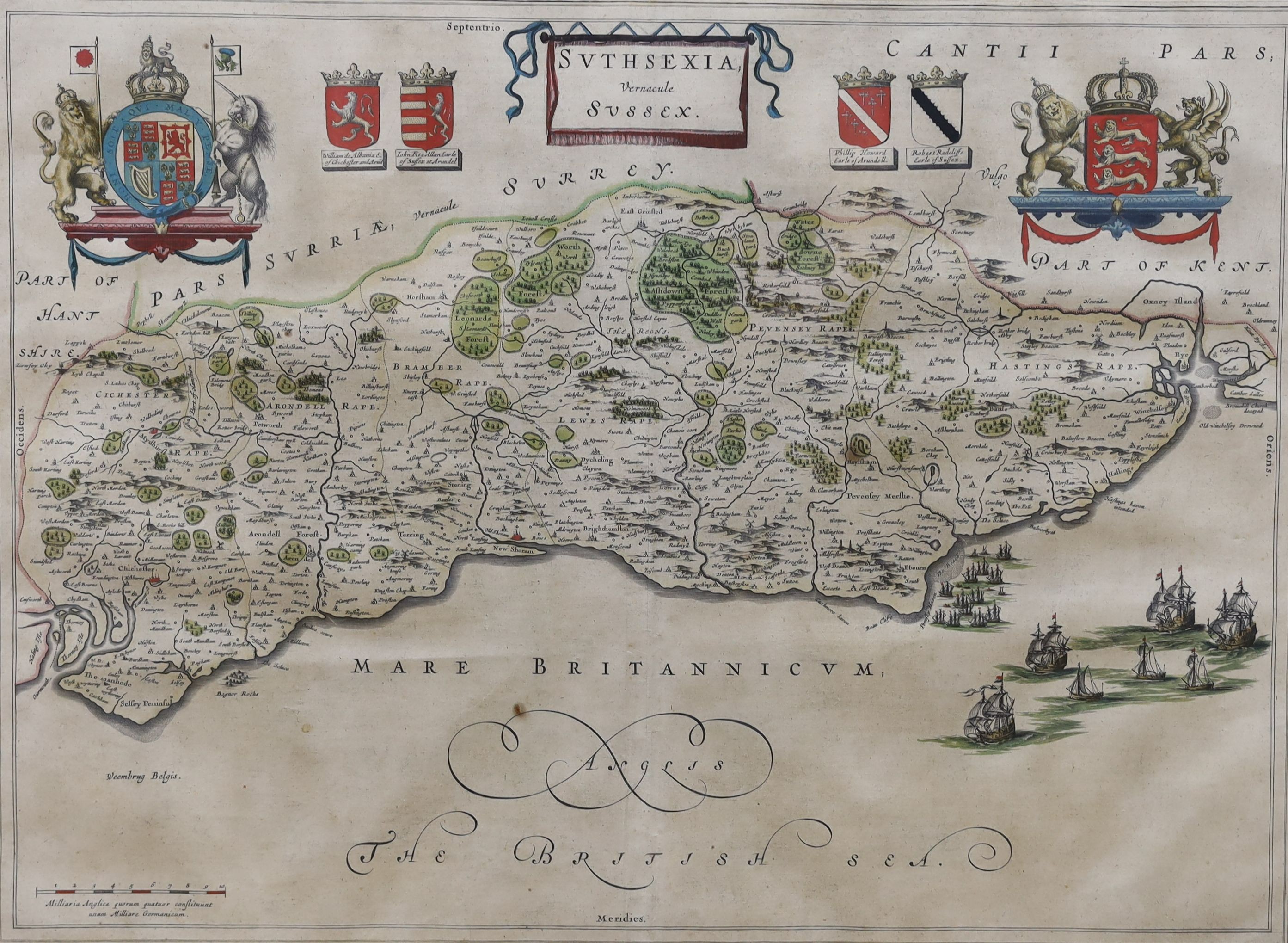 Blaeu, colour engraving, Map of Suthsexia (Sussex), 39 x 53cm and an engraving of Stanstead after Kip, 35 x 48cm